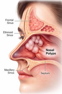 What are the common symptoms of nasal polyps?